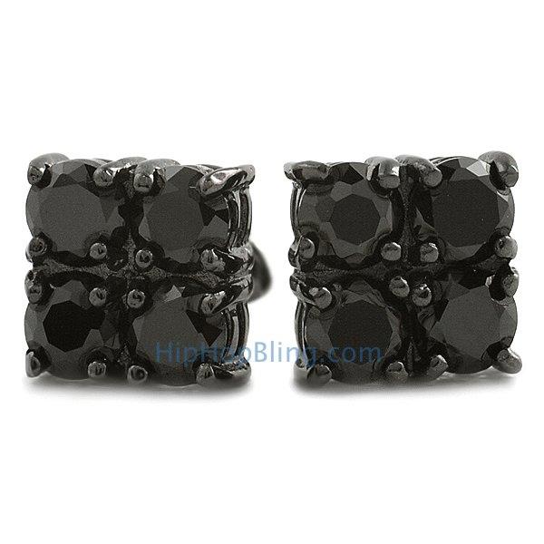 4 Stone Box Black CZ Diamond Bling Bling Earrings