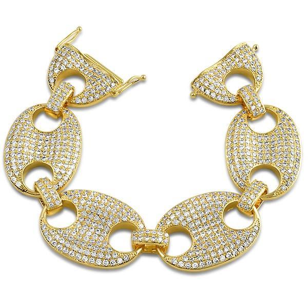 .925 Sterling Silver 24MM Marine Link CZ Bling Bling Bracelet Gold