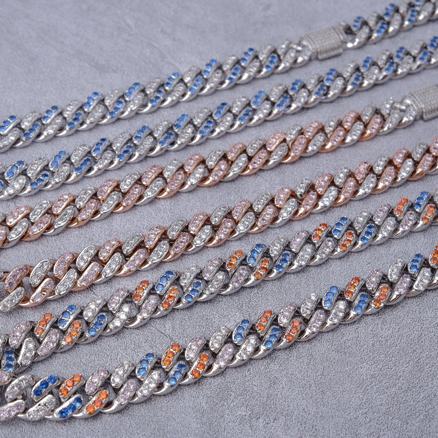 13mm 18K WhiteGold-Plated Colorful Iced Cuban Chain
