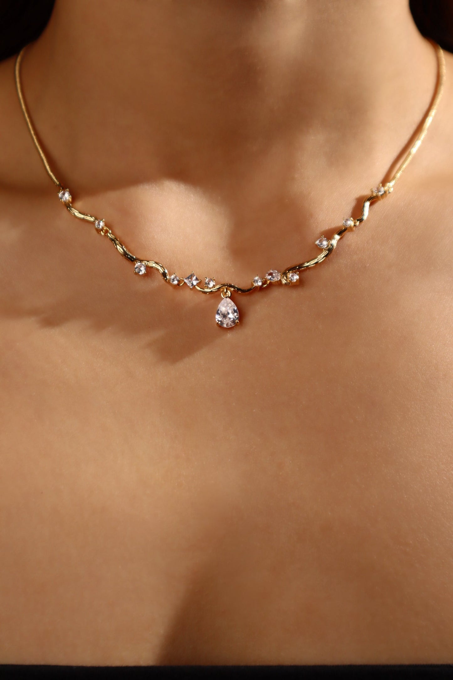 18K Real Gold Plated Diamond Spiral Drop Necklace