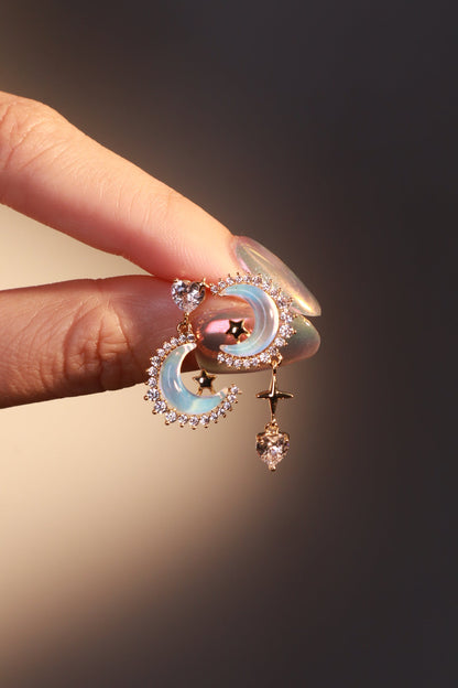 14K Real Gold Plated Moonstones Moon Heart Earrings