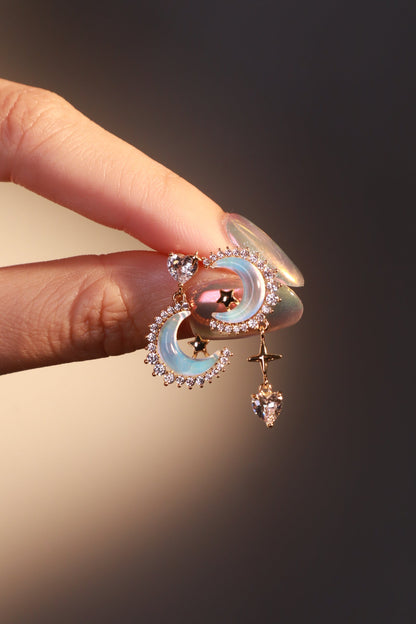 14K Real Gold Plated Moonstones Moon Heart Earrings