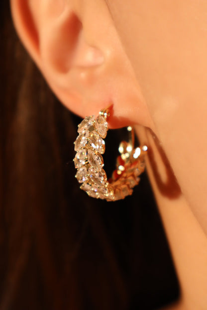 14K Real Gold Plated Diamond Leaf Hoop Earrings