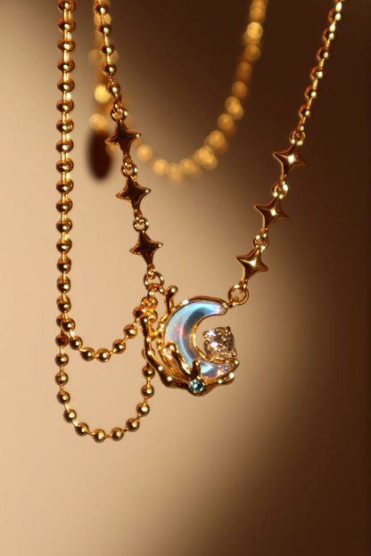18K Real Gold Plated Diamond Moonstone Moon Necklace