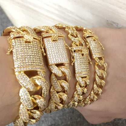 .925 Silver Gold Miami Cuban CZ Bling Bracelet Ice Lock
