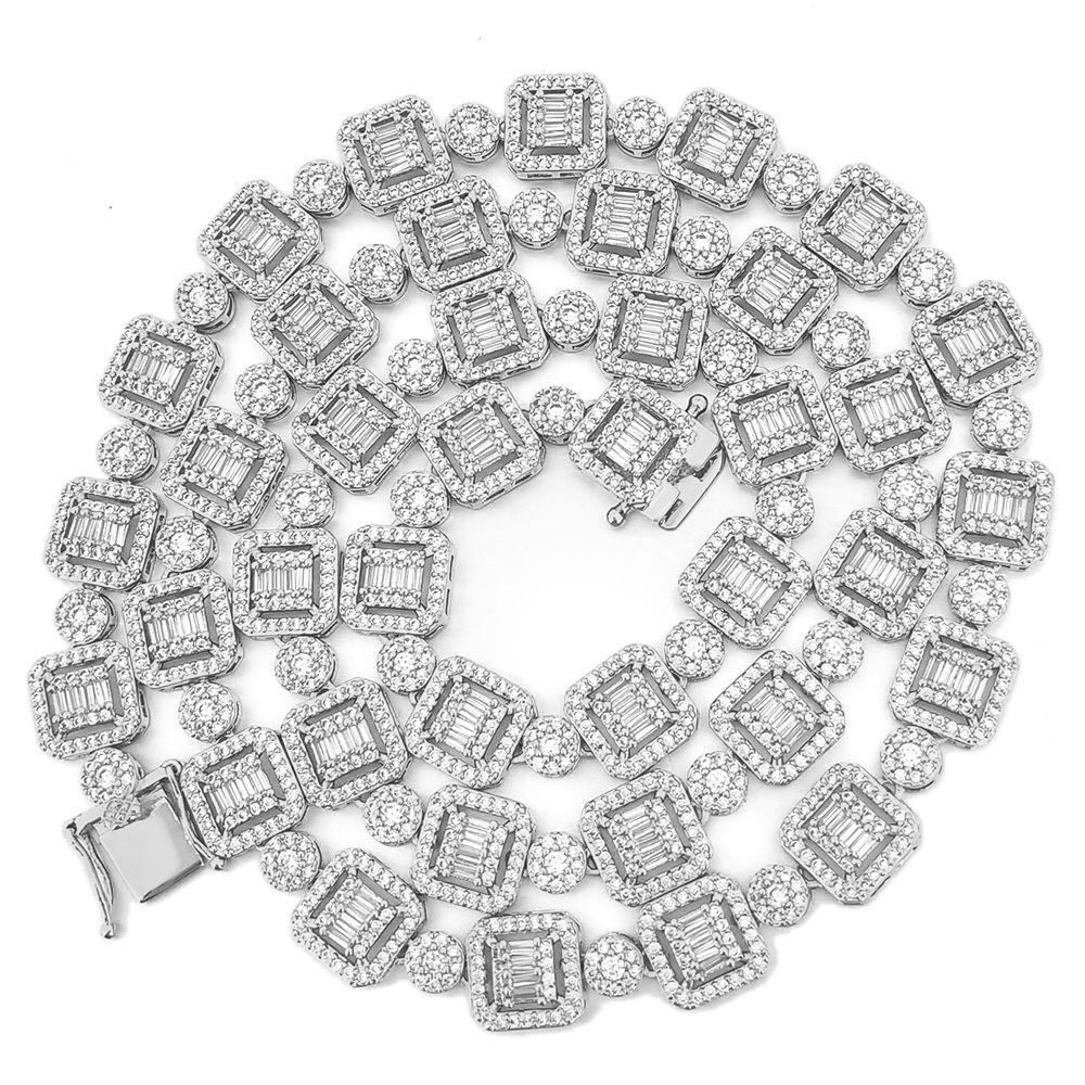 .925 Sterling Silver Baguette and Cluster Link CZ Iced Bling Chain