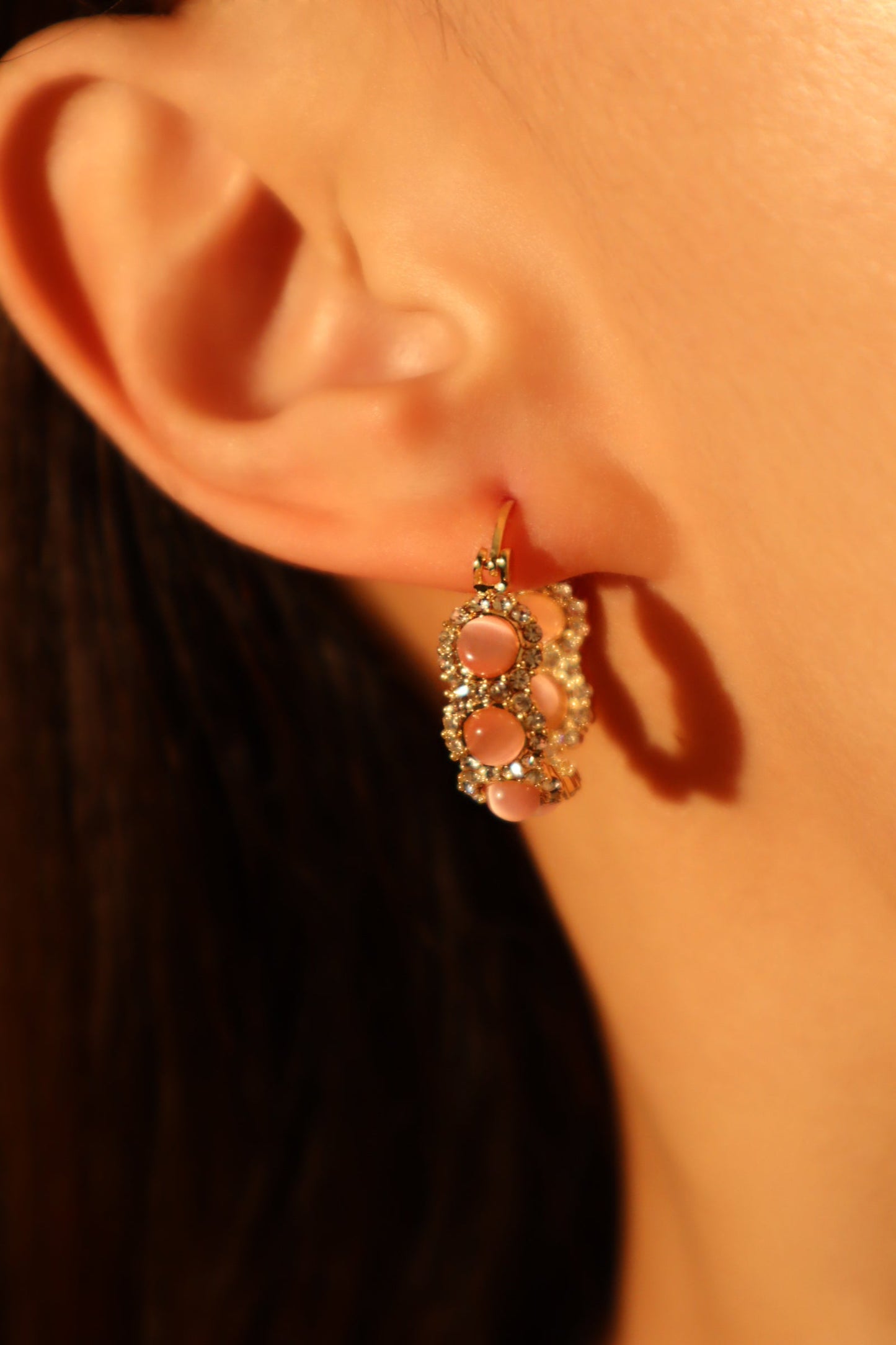 14K Real Gold Plated Pink Opal Hoop Earrings