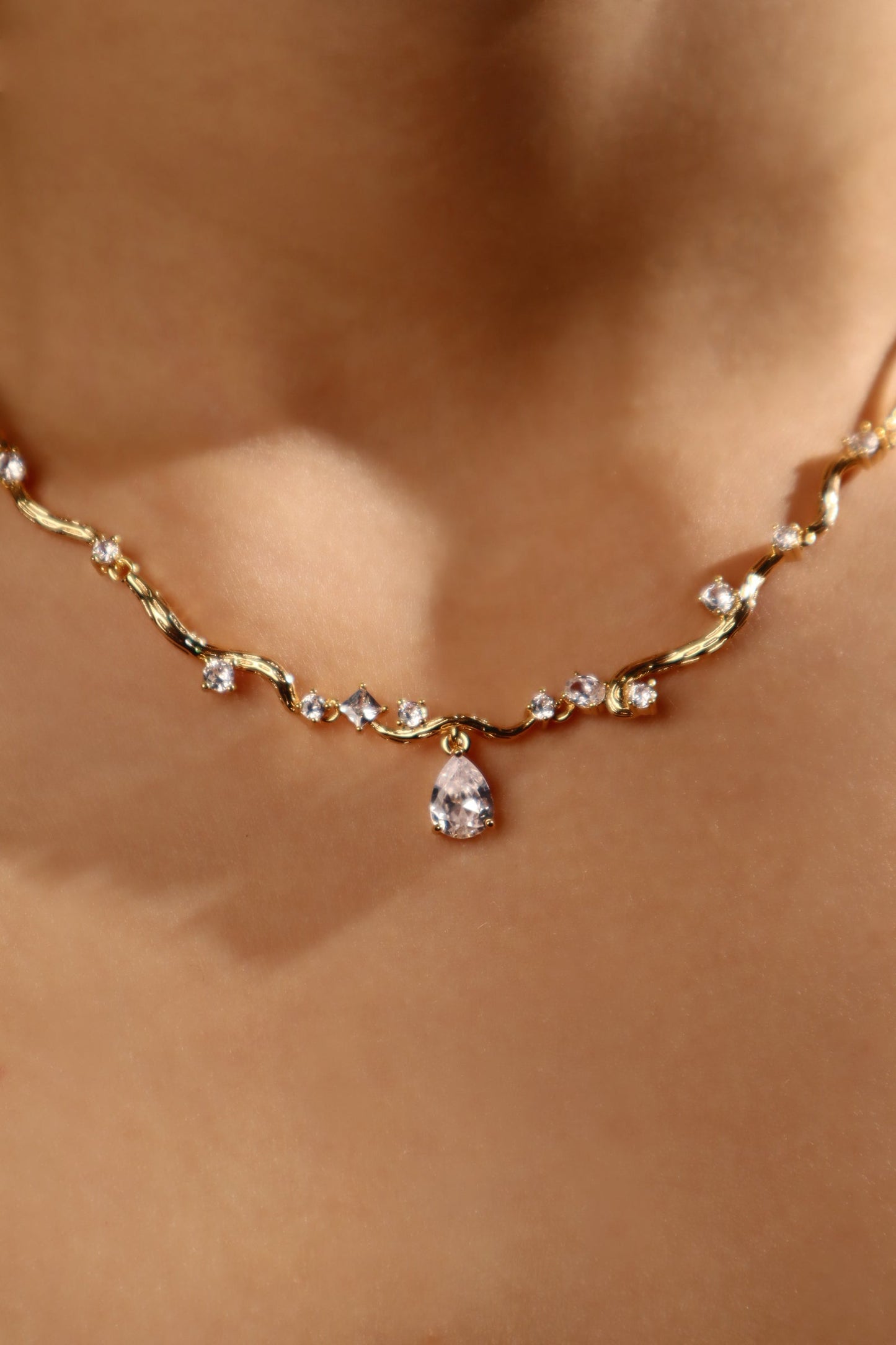 18K Real Gold Plated Diamond Spiral Drop Necklace
