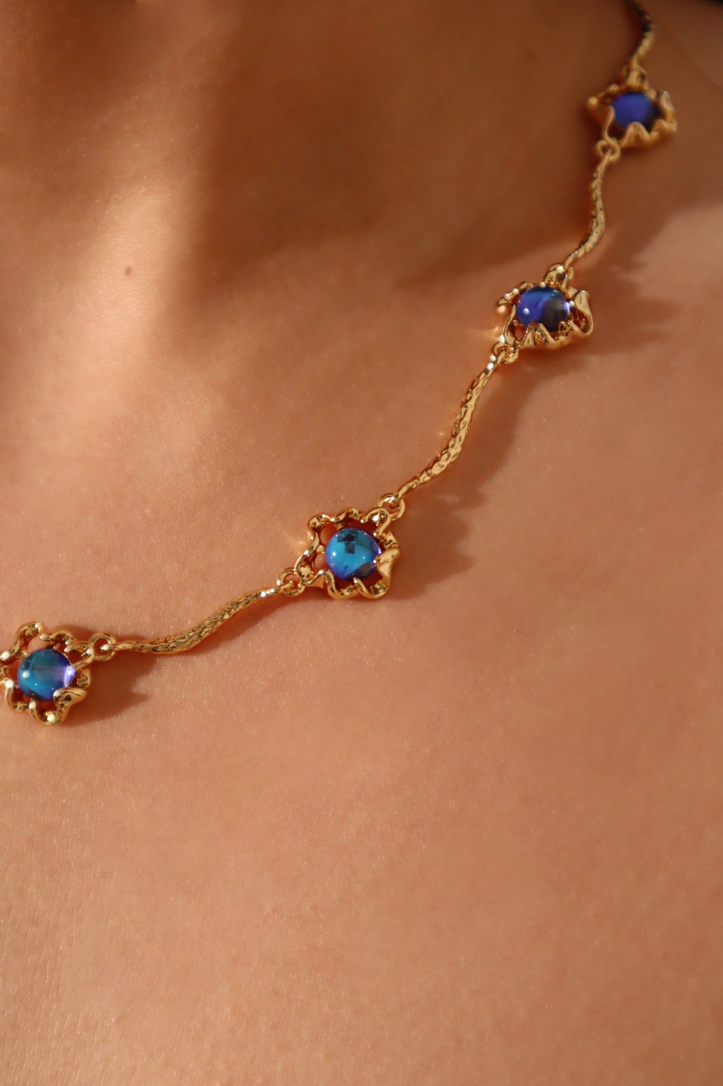 18K Real Gold Plated Multi Deep Blue Moonstones Necklace