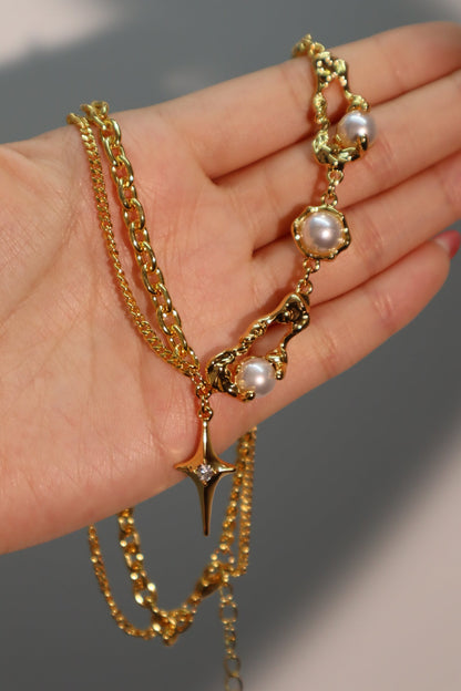 18K Real Gold Plated Pearl Star Necklace